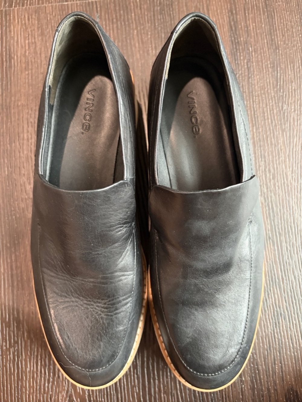 Vince Black Leather Slip-On Loafers with White Platform Sole - Picture 2 of 4